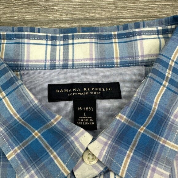 Banana Republic Soft Wash Dress Shirt Men's Large Blue Plaid Button Up Preppy - Picture 2 of 13